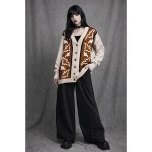 SHEIN Bat Print Cardigan Sweater Brown Cream Button Front Halloween Goth Size L